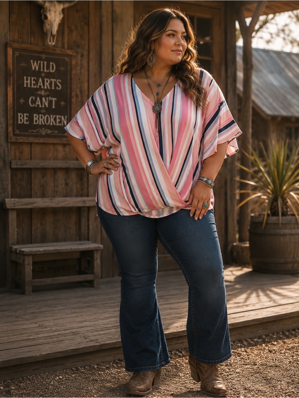 Umgee Pink Multi-Stripe Wrap V-Neck Blouse
